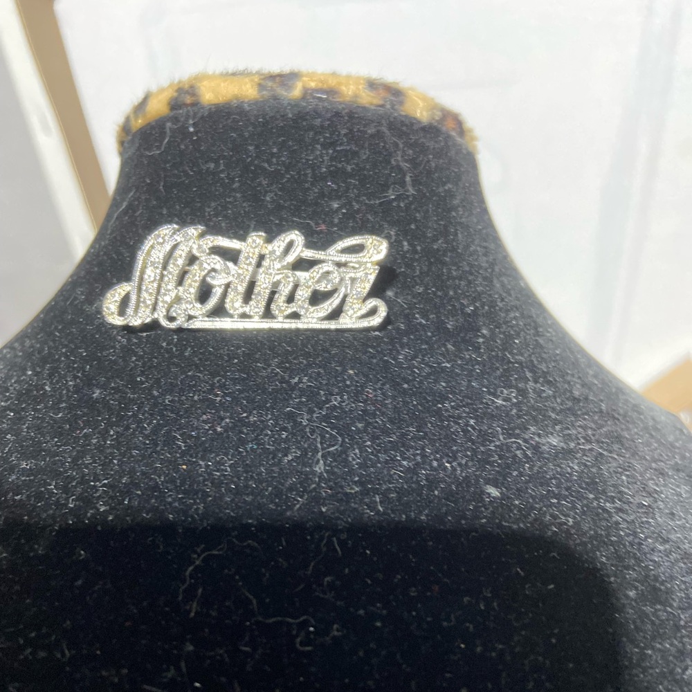 Silver Tone Cursive Mother Script Rhinestone Brooch
